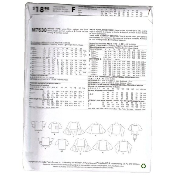 McCall's M7630 Misses 14 to 22 Bell Sleeve Tops Uncut Sewing Pattern New - Picture 2 of 2